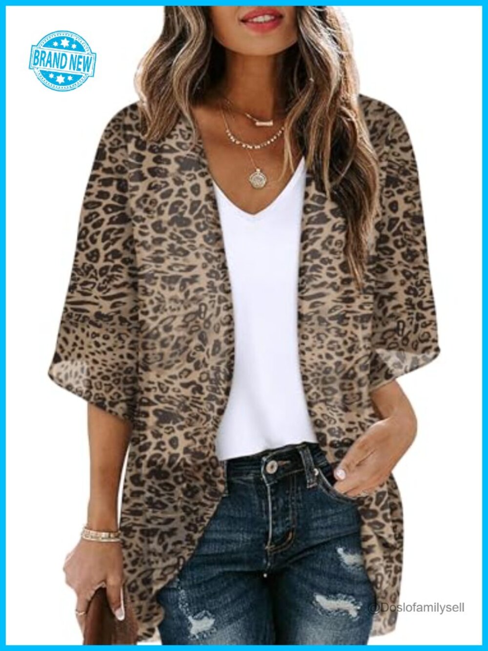 Open Front 3/4 Sleeve Swim Coverup Lightweight Flowy Beach Kimono